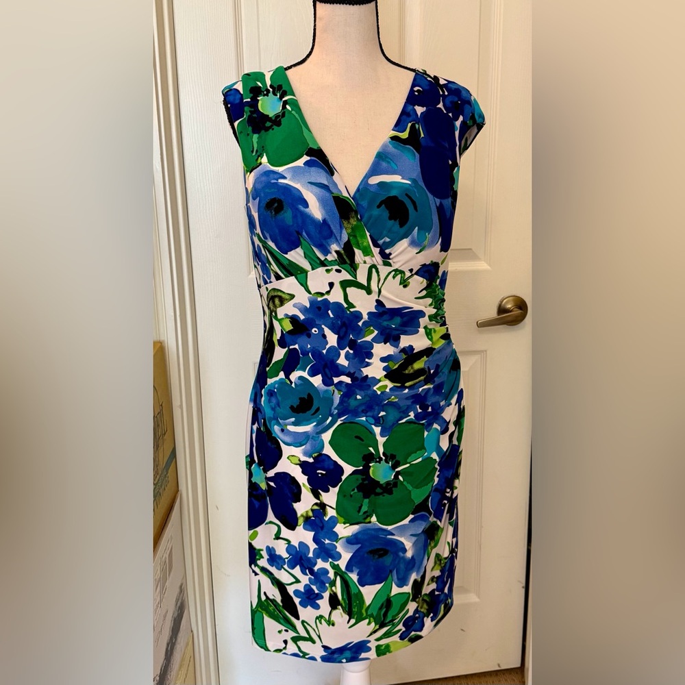 NWOT Lauren Ralph Lauren Blue, Green & White Floral Wrap-Style Midi Dress, Sz 8